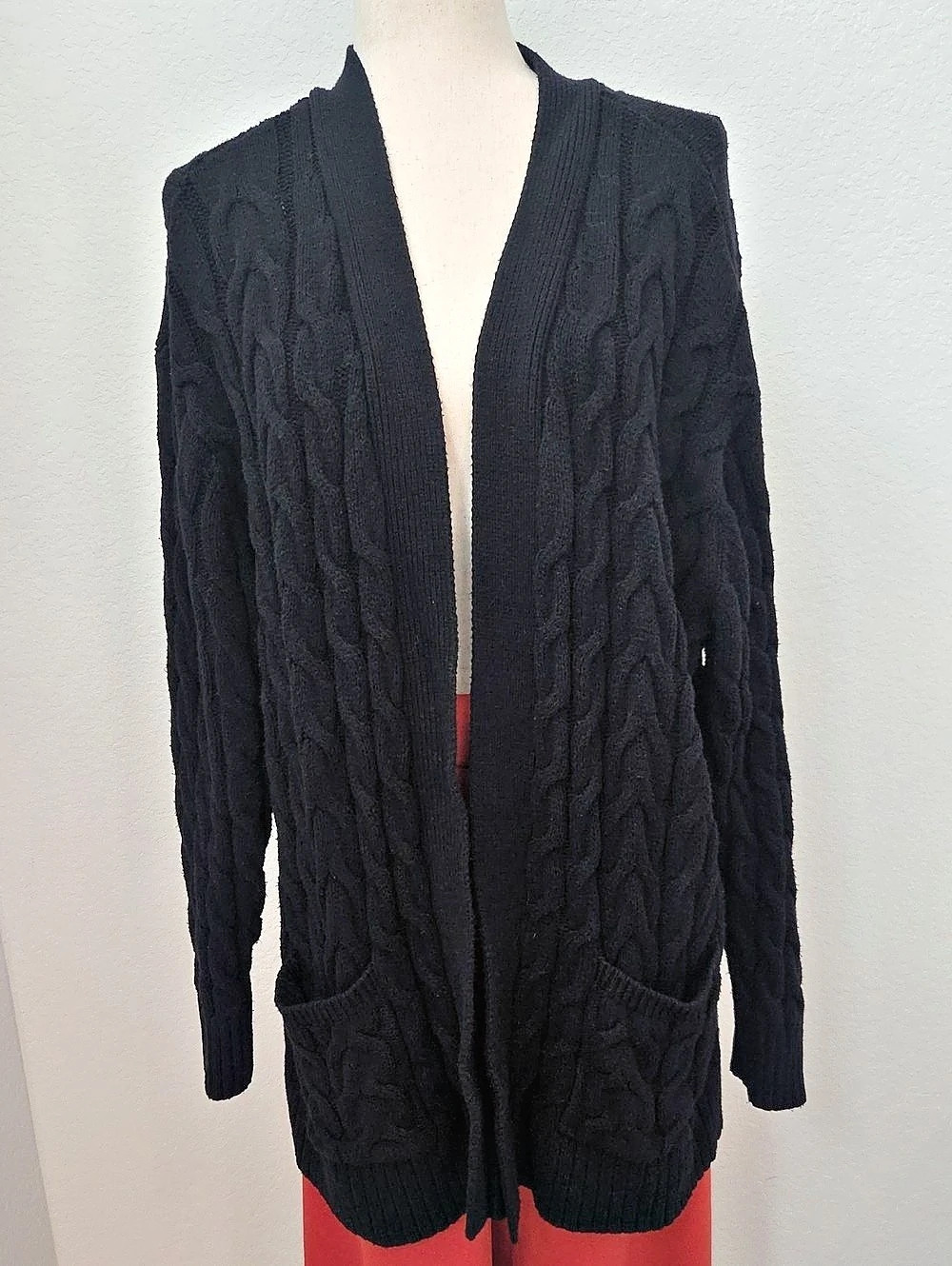 St. John's Bay Chunky Knit Open Front Cardigan in Black Size 1X Long Pockets